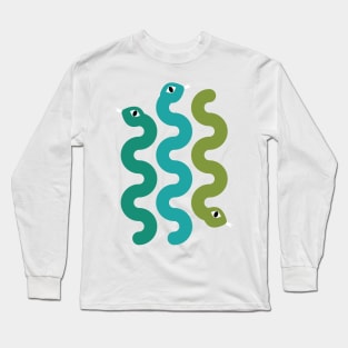 Squiggly Snakes on Teal Green – Retro 70s Wavy Snake Pattern Long Sleeve T-Shirt